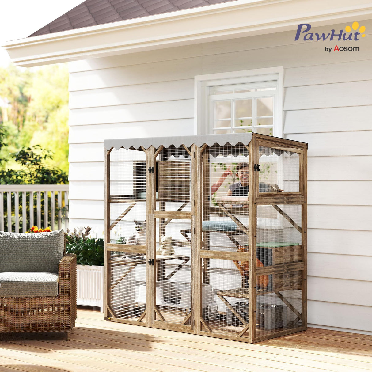 PawHut Catio Outdoor Cat Enclosure, Wooden Cat House with Window Access, 5 Platforms and 2 Resting Box, Waterproof Roof, Kitty Cage for Multiple Kittens, 59" H, Brown PawHut