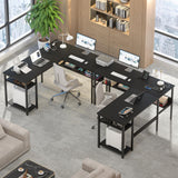 Hyomdeck Reversible L Shaped Computer Desk with Power Outlets and USB Charging Ports, Sturdy Corner Desk with Storage Shelf, Modern Work Gaming Table for Home Office, Easy to Assemble, Black Hyomdeck