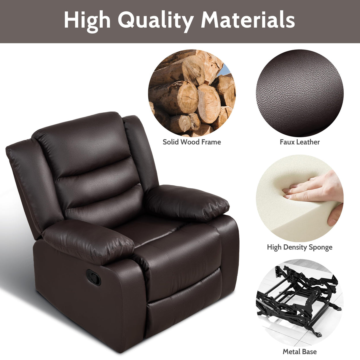 PrimeZone Oversized Rocker Recliner Chair - Comfy Wide Lazy Boy Recliner Chair with Overstuffed Armrest, Faux Leather Manual Reclining Chairs for Living Room, Bedroom, Home Theater Seating, Brown PrimeZone