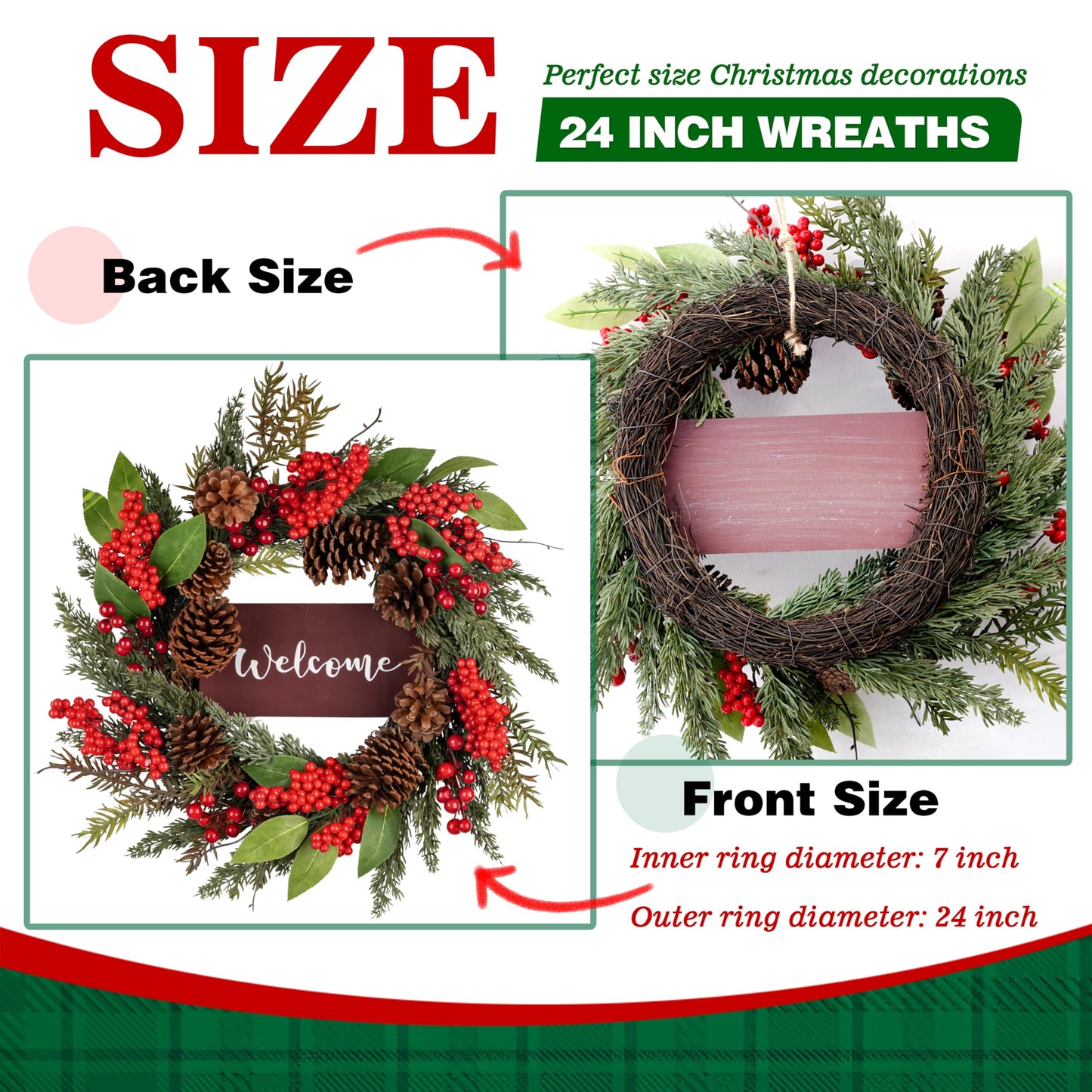 24 Inches Christmas Wreaths for Front Door with a Welcome Sign, Christmas Decorations, Decorated with Pine Cones, Berry Clusters, Frosted Branches, Christmas Collection