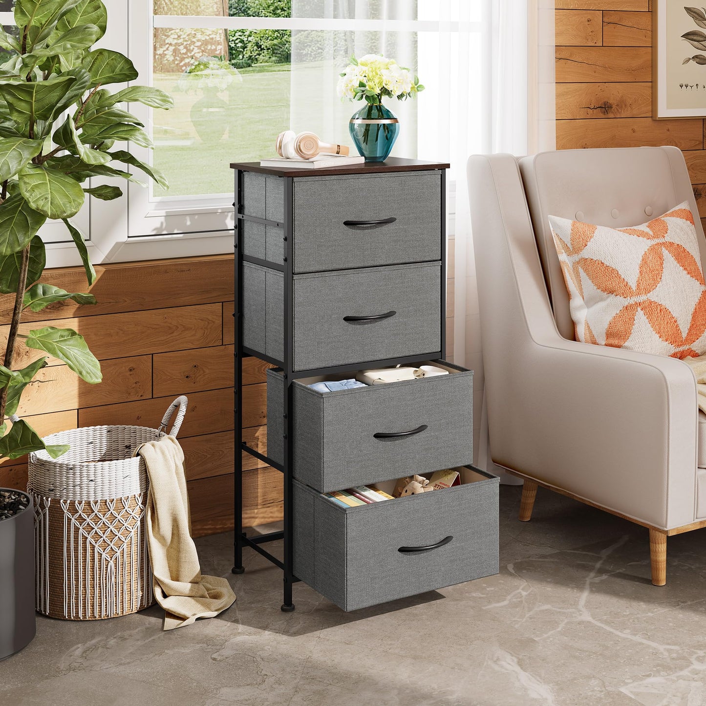 WLIVE Dresser with 4 Drawers, Storage Tower, Organizer Unit, Fabric Dresser for Bedroom, Hallway, Entryway, Closets, Sturdy Steel Frame, Wood Top, Easy Pull Handle, Dark Grey