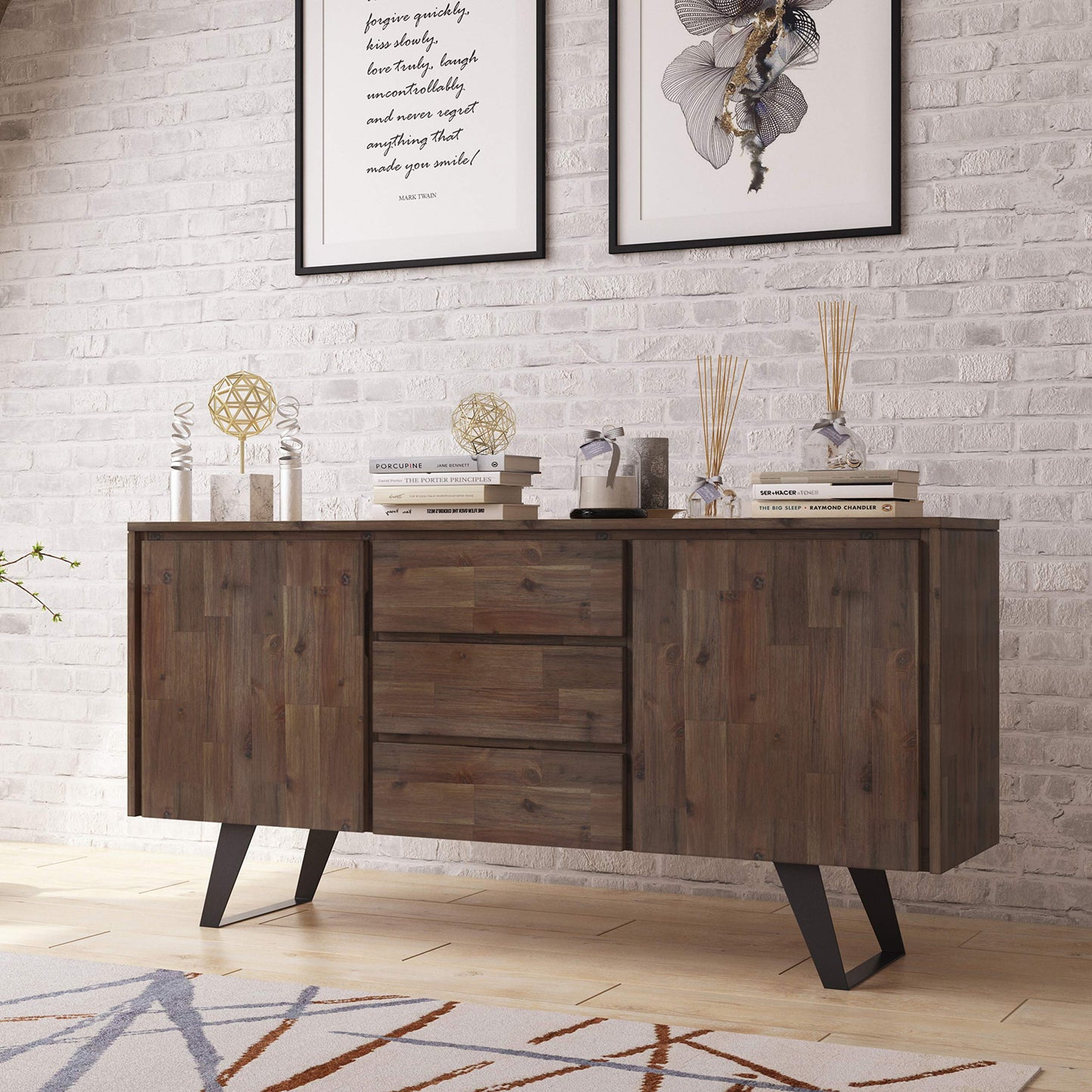 SIMPLIHOME Lowry SOLID ACACIA WOOD and Metal 60 Inch Wide Rectangle Modern Industrial Sideboard Buffet in Rustic Natural Aged Brown, For the Dining Room and Kitchen - WoodArtSupply