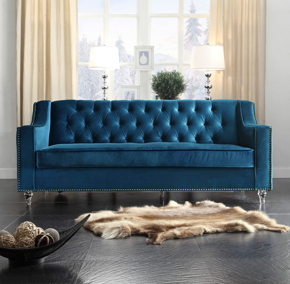 Iconic Home Dylan Velvet Modern Contemporary Button Tufted with Silver Nailhead Trim Round Acrylic Feet Sofa Iconic Home