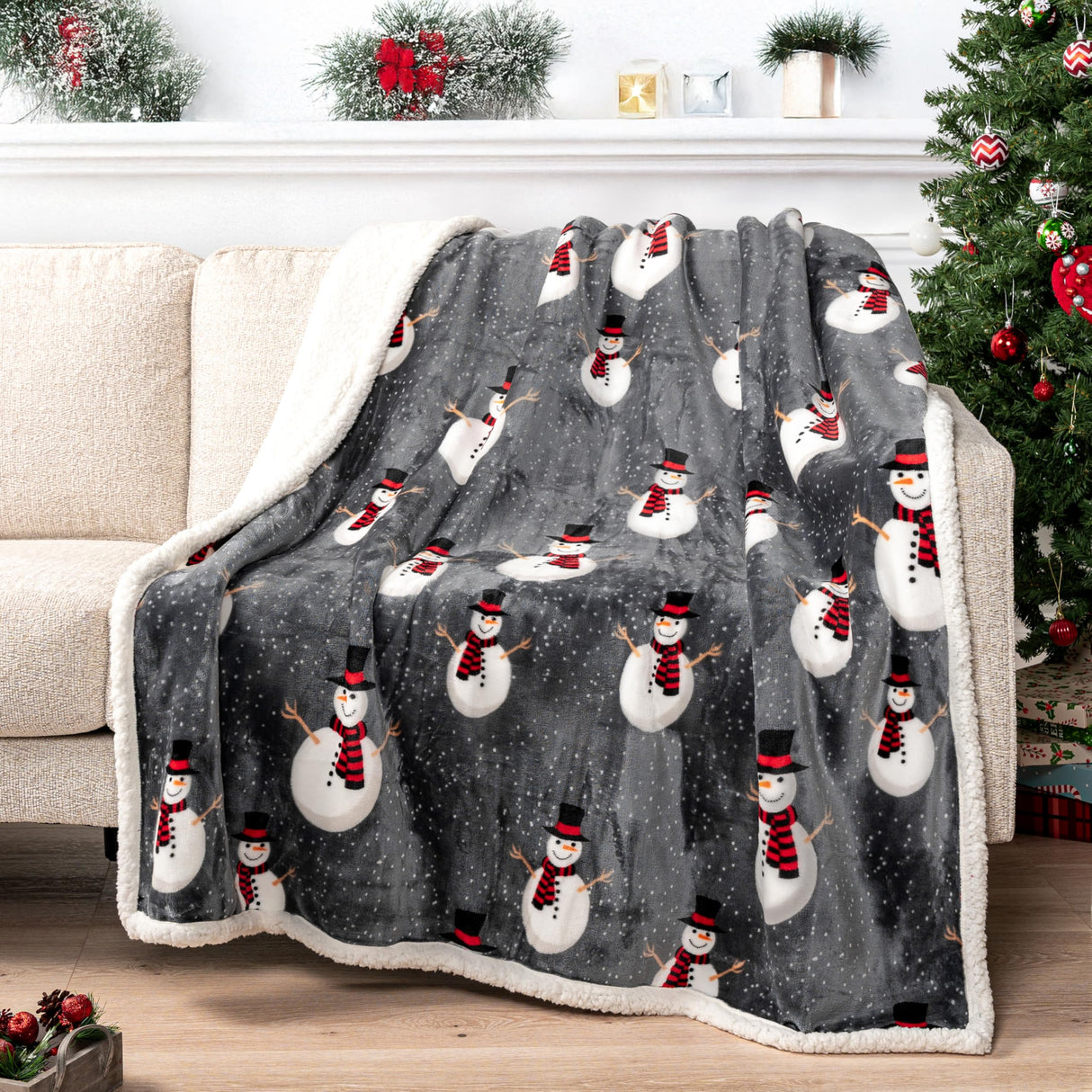 PAVILIA Premium Christmas Sherpa Throw Blanket | Snowman Decoration, Fleece, Plush, Warm, Cozy Reversible Microfiber Holiday Blanket 50 x 60 PAVILIA