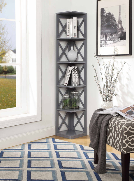 Convenience Concepts Oxford Corner Bookcase 12" - 5-Tier Slim Farmhouse Bookcase for Modern Living & Family Room, Media Storage Organizer for Home Office Library, Tall Shelving Unit, Gray Convenience Concepts