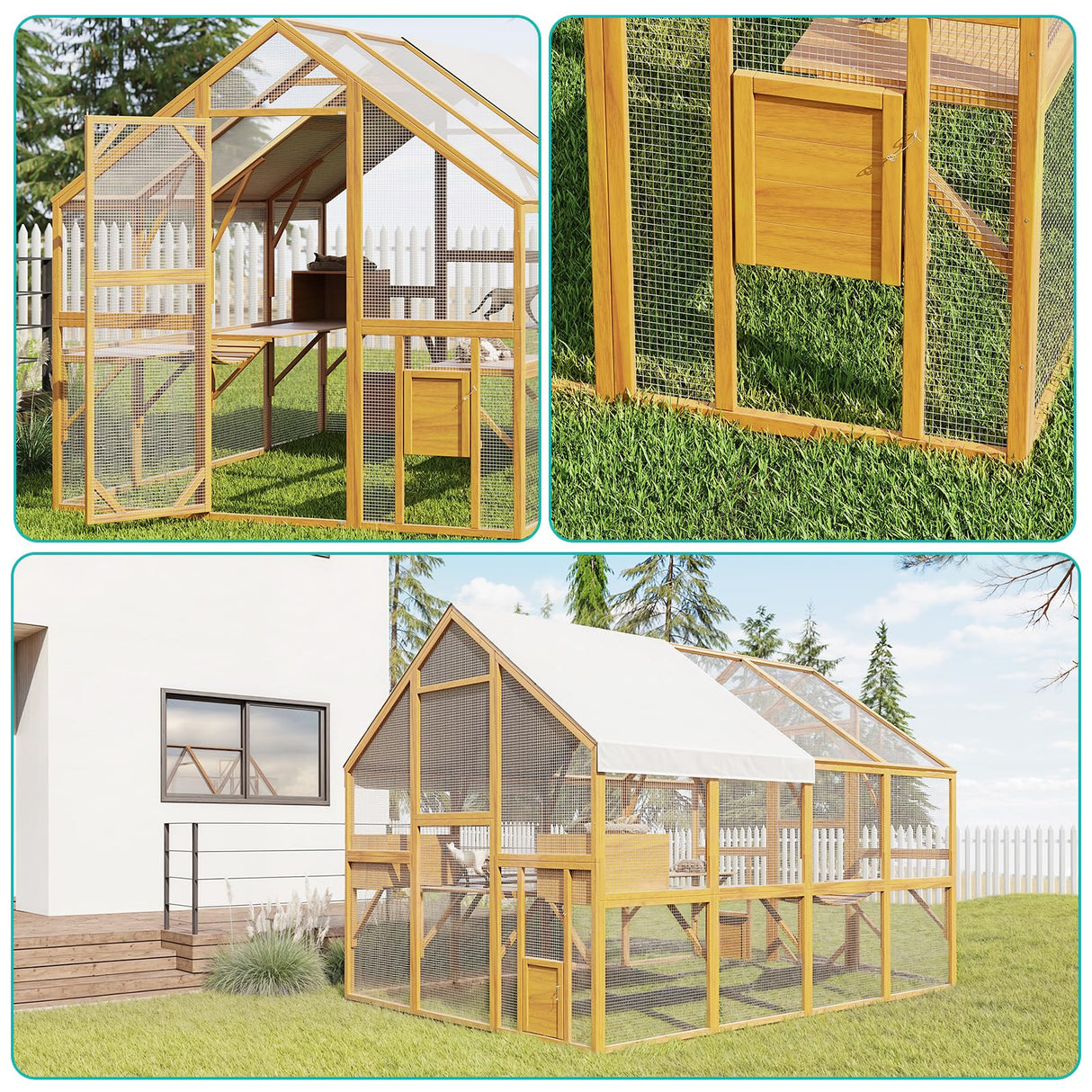 Lovinouse Extra Large Wooden Outdoor Cat House, 57ft² Cat Run Enclosure Walk in Catio Kitten Condo with Enter Door, 2 Doors, 2 Playpen & Hiding Houses, Bridges, Walks, Roof Cover, Golden Yellow Lovinouse