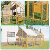 Lovinouse Extra Large Wooden Outdoor Cat House, 57ft² Cat Run Enclosure Walk in Catio Kitten Condo with Enter Door, 2 Doors, 2 Playpen & Hiding Houses, Bridges, Walks, Roof Cover, Golden Yellow Lovinouse