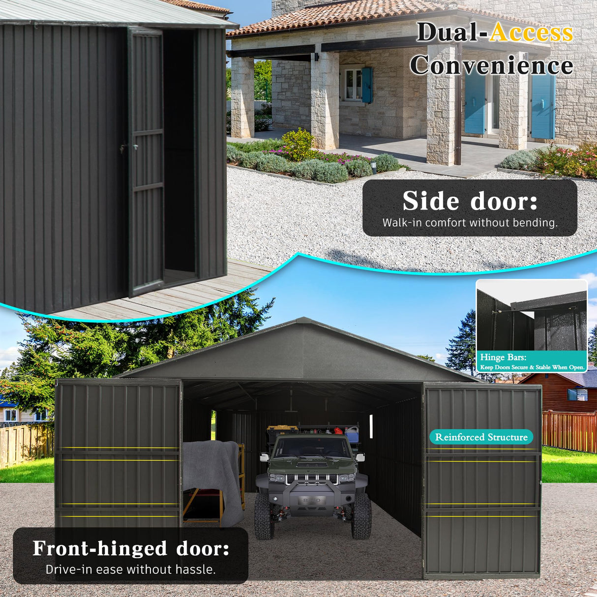 Domi 12x25FT Outdoor Metal Garage Shed, Extra Large Carport with Skylights & Dual-Entry, Backyard Storage Shed for Car, Truck, Lawn Mower and Tool, Dark Grey domi outdoor living