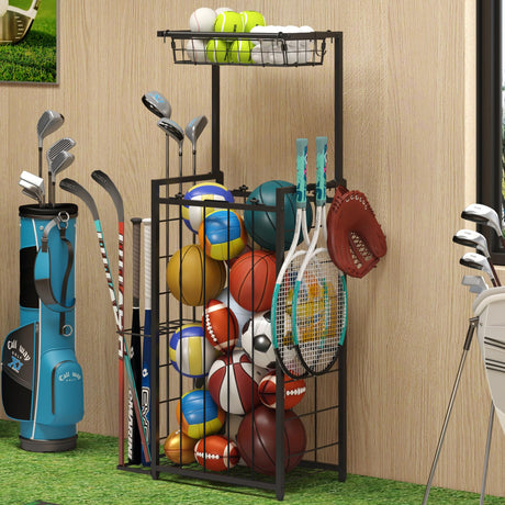 Sports Equipment Organizer, Small Garage Ball Storage Rack with Elastic Straps and 3 Hooks, Garage Organization Storage Rack for Balls and Sports Equipment, Toy Organizer Stand for Room, Gym, Black NuoyuanShen