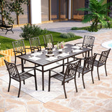 PHI VILLA 9 Pieces Outdoor Dining Set for 8, Rectangular Metal Steel Table with Umbrella Hole & Stackable Wrought Iron Chairs, Large Dining Furniture for Patio, Deck, Yard, Porch PHI VILLA