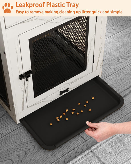 Piskyet Dog Crate Furniture,Wooden Dog Crate End Table with Storage Drawer&Cushion&Tray, QC3.0 Wireless Fast Charging&Dual USB, Dog Crate Indoor Kennel for Small Dogs - Marble White Piskyet