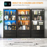 TAGELIER 67" Tall Display Cabinet with Glass Doors and 2 Drawers, Adjustable Glass Height,Curio Cabinet with 3 LED Lights and Human Body Sensor (Black) TAGELIER
