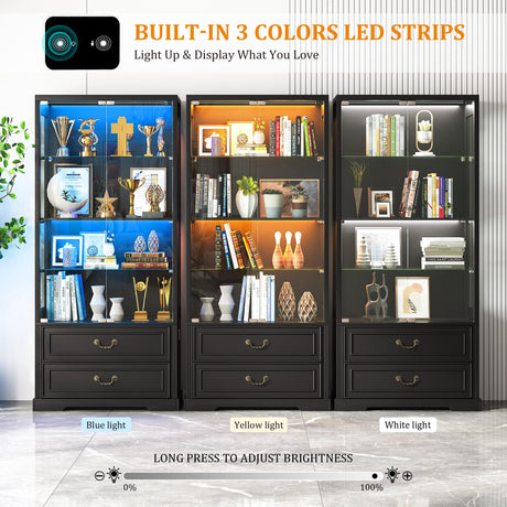 TAGELIER 67" Tall Display Cabinet with Glass Doors and 2 Drawers, Adjustable Glass Height,Curio Cabinet with 3 LED Lights and Human Body Sensor (Black) TAGELIER
