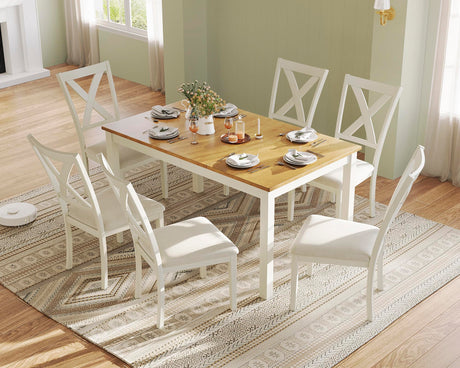 LUXOAK 7-Piece Solid Wood Dining Table Set, 60" Farmhouse Dining Table with 6 Chairs, Rectangular Table Set for 6, Kitchen & Dining Room Furniture, Distressed Cream LUXOAK