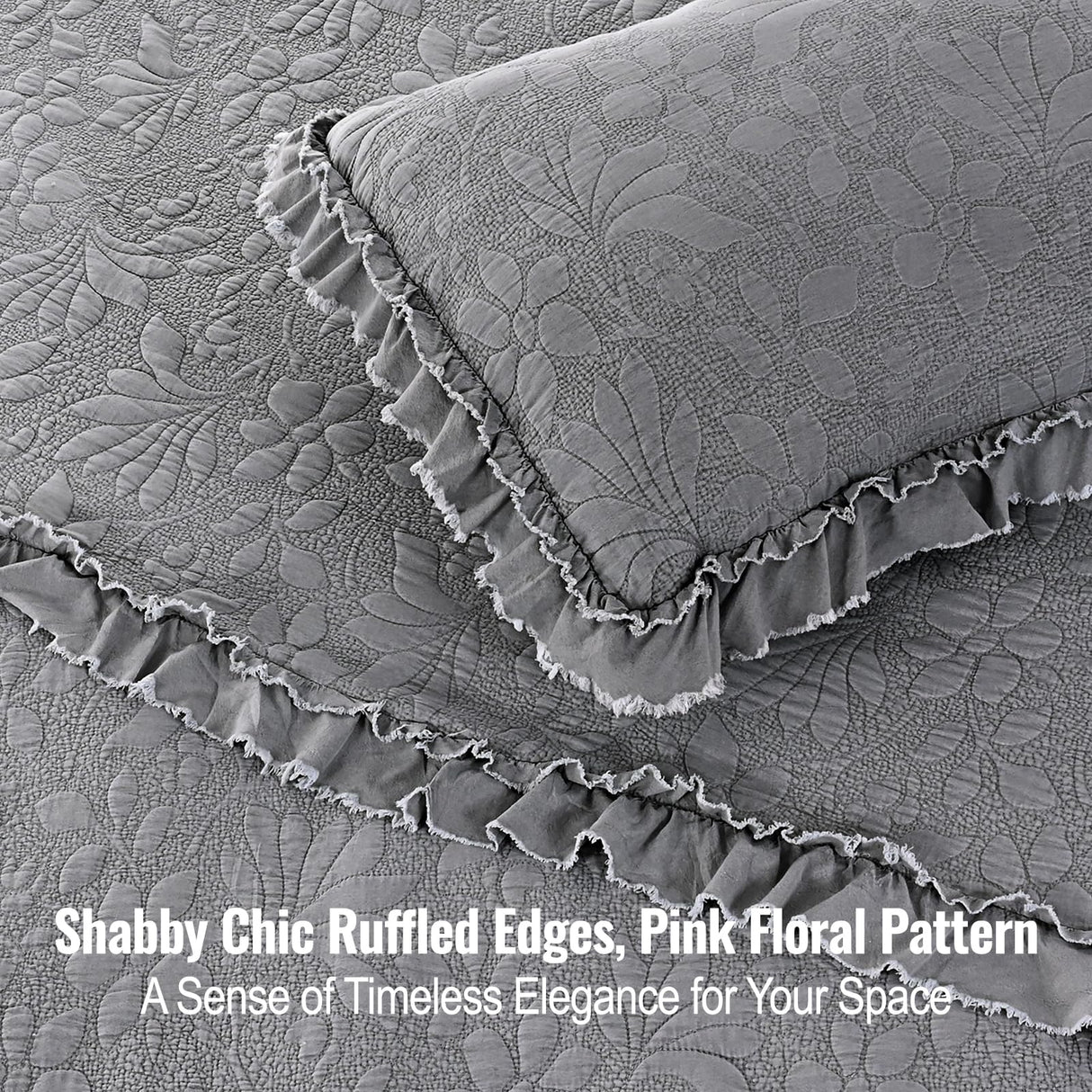 Uspring Grey Ruffled Floral Quilts Queen Size Soybean Fiber Filling Bedding Set 3 Piece, Stone-Washed Microfiber Farmhouse Shabby Chic Lightweight Soft Bedspread Coverlet for All Season, 90'' x 90'' Uspring