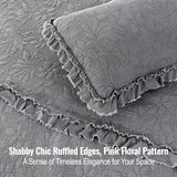 Uspring Grey Ruffled Floral Quilts Queen Size Soybean Fiber Filling Bedding Set 3 Piece, Stone-Washed Microfiber Farmhouse Shabby Chic Lightweight Soft Bedspread Coverlet for All Season, 90'' x 90'' Uspring