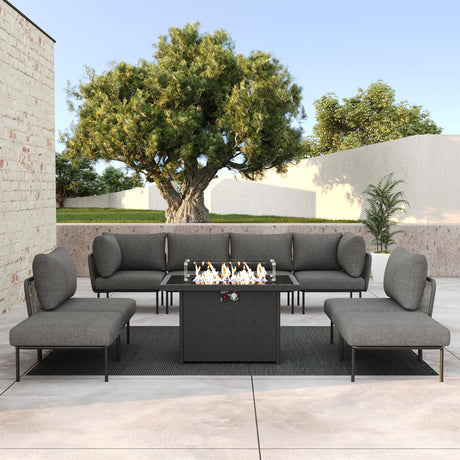 LayinSun 9 Pieces Aluminum Patio Furniture Set, Modern Modular Sectional Sofa with Fire Pit Table and Upgrade Thickness Cushion LayinSun