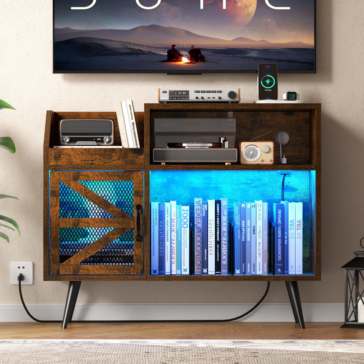 Gyfimoie Record Player Stand Holds Up to 350 Albums, Turntable Stand with LED Light, Records Storage Cabinet with Power Outlet, Record Player Table with Vinyl Storage(Brown) Gyfimoie