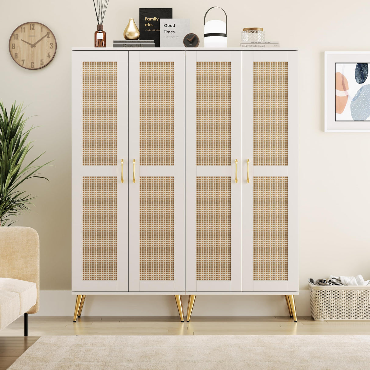 JASIWAY 57" Tall Storage Cabinet with 2 Rattan Doors, Wooden Floor Cabinet with Adjustable Shelves for Bathroom/Kitchen/Living Room, Freestanding Pantry, Metal Handle, Anti-Tipping Device, White JASIWAY