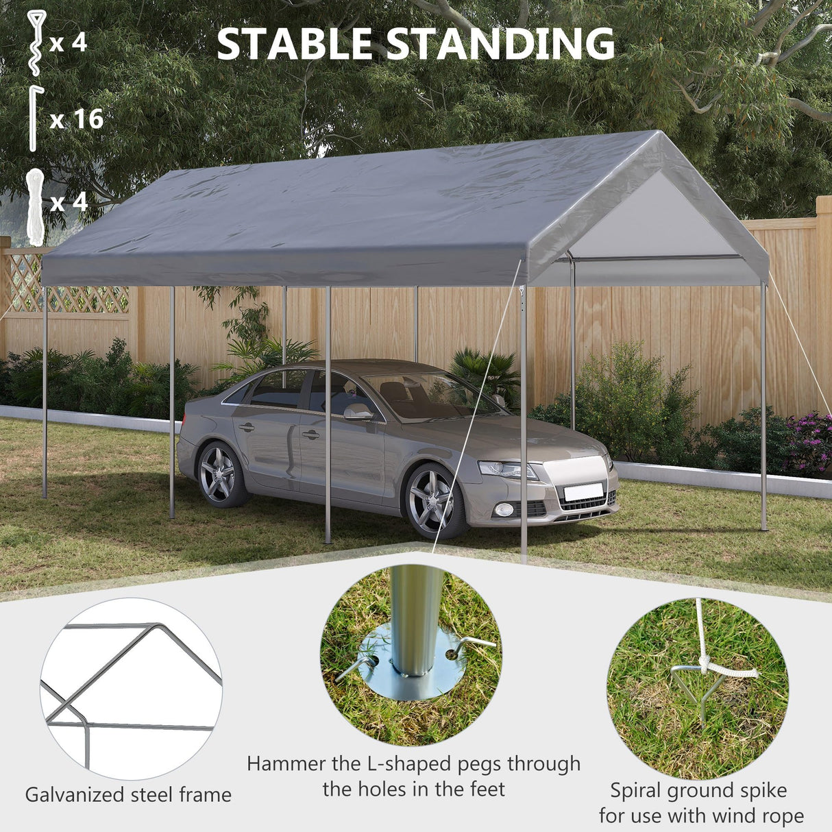 Outsunny 10' x 20' Party Tent and Carport, Height Adjustable Portable Garage, Outdoor Canopy Tent 8 Legs Without Sidewalls for Car, Truck, Boat, Motorcycle, Bike, Garden Tools, Gray Outsunny