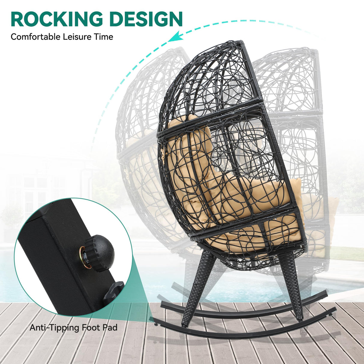 YITAHOME Rocking Egg Chair with Cushioned Comfort, 250lb Capacity, Anti-Slip, All-Weather Resilient Wicker Rattan Design for Indoor & Outdoor Relaxation Spaces, Beige YITAHOME