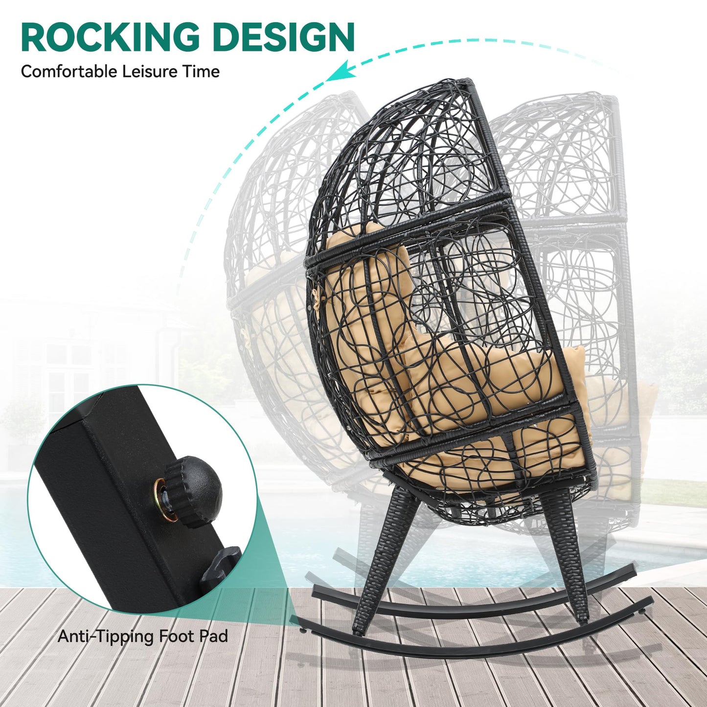 YITAHOME Rocking Egg Chair with Cushioned Comfort, 250lb Capacity, Anti-Slip, All-Weather Resilient Wicker Rattan Design for Indoor & Outdoor Relaxation Spaces, Beige