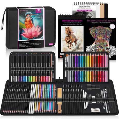 HIFORNY 136 PCS Drawing & Sketching Set,Pro Art Supplies with Graphite,Charcoal,Colored,Watercolor,Metallic Pencils,Blending Tools,Sketchbook,Watercolor Book and Coloring Book in Zipper Case (Black) HIFORNY