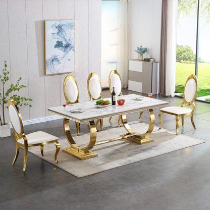 Henf 78.7" Luxury Marble Dining Table for 6-8 People White Gold Genuine Marble Kitchen Table with Mirrored Finish Stainless Steel Base, Contemporary Modern Large Long Dining Room Table (Table - WoodArtSupply