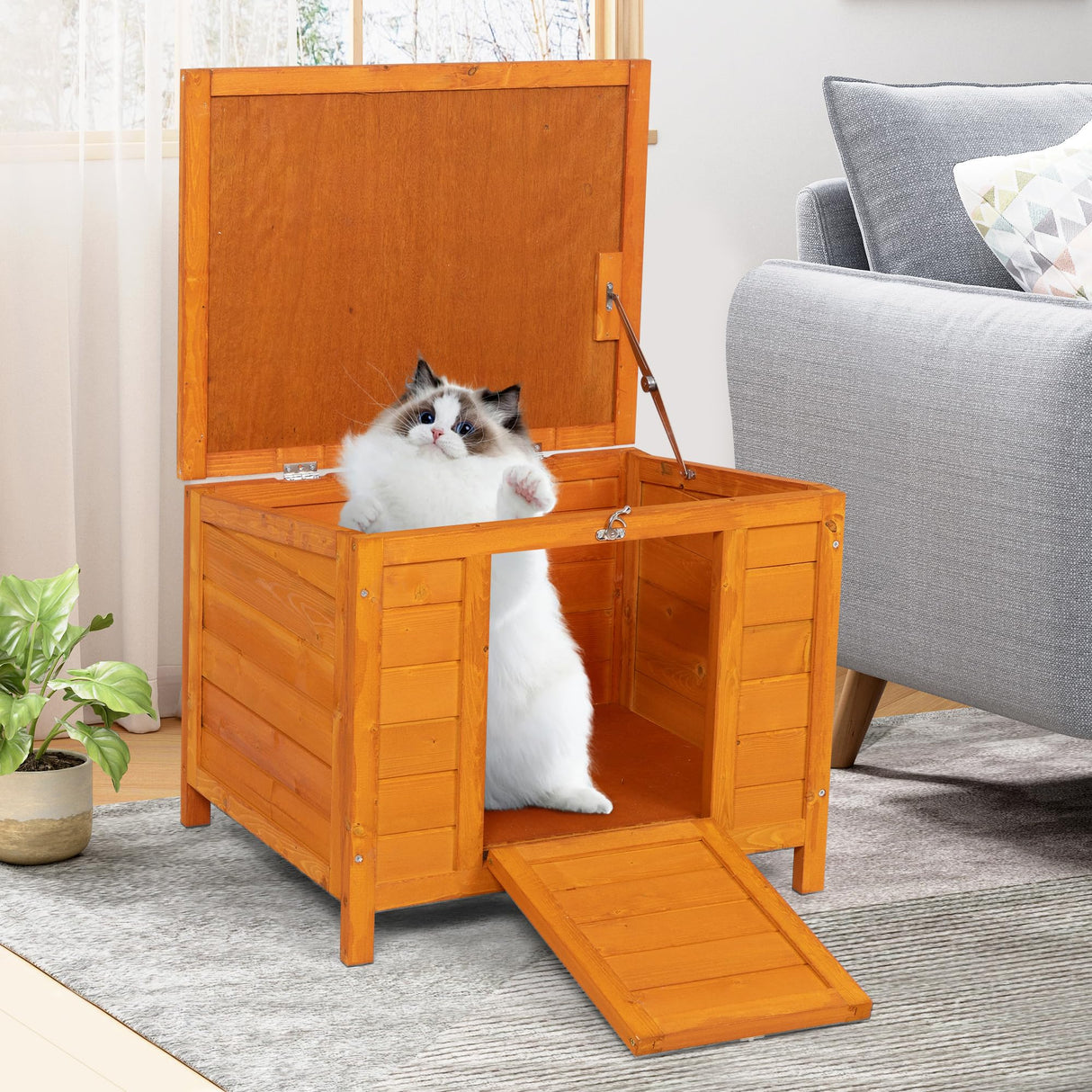 COZIWOW 24inches Wooden Catio Outdoor Cat House Small Animal House，Rabbit Hutch Indoor，Stable Weatherproof Bunny Cage Pet Shelter for Small Cat Dog Rabbit Guinea Pig(Orange) COZIWOW