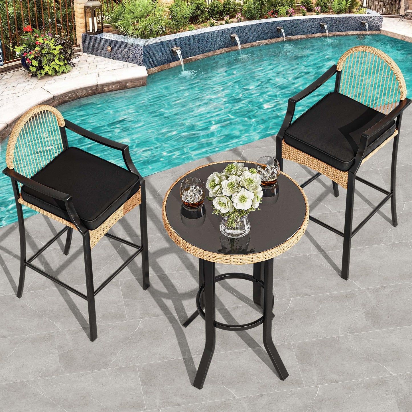 YITAHOME 3-Piece Outdoor Wicker Bar Height Set with Cushioned Barstools, Patio Bistro Furniture for Balcony and Poolside, Black+Light Yellow - WoodArtSupply