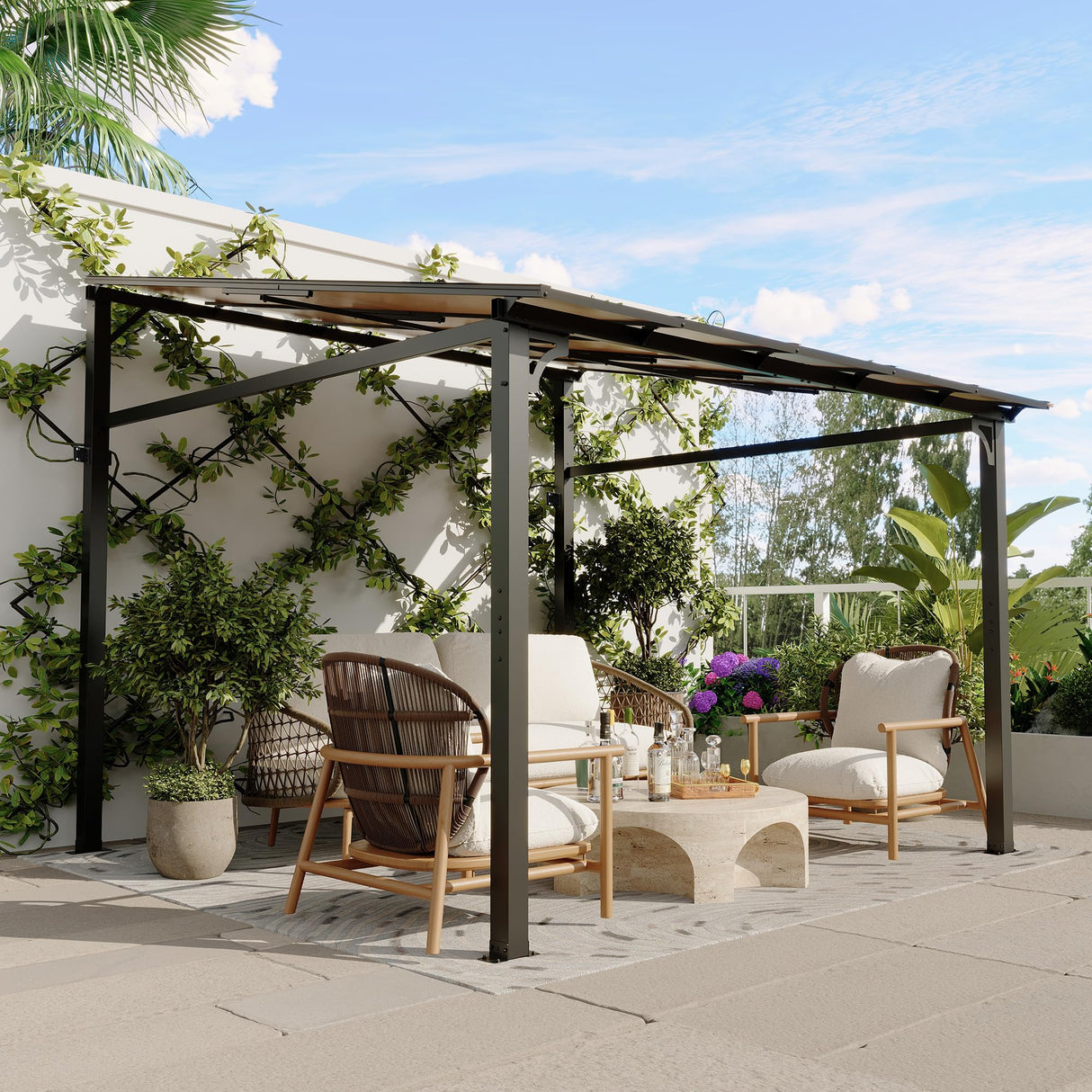 10' x 10' Outdoor Lean to Gazebo, Wall-Mounted Lean to Metal Awnings Gazebos, Hard Top Lean to Pergola, Large Wall-Mounted Heavy Duty Awnings for Patio, Deck, Porch, Lawn and Backyard Hipicute