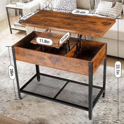 Rengue Lift Top Coffee Table, 3 in1 Multi-Function Storage Coffee Table with 3 Hidden Compartments, Convertible Dining Table for Living Room, Home Office, Farmhouse, Rustic Brown - WoodArtSupply