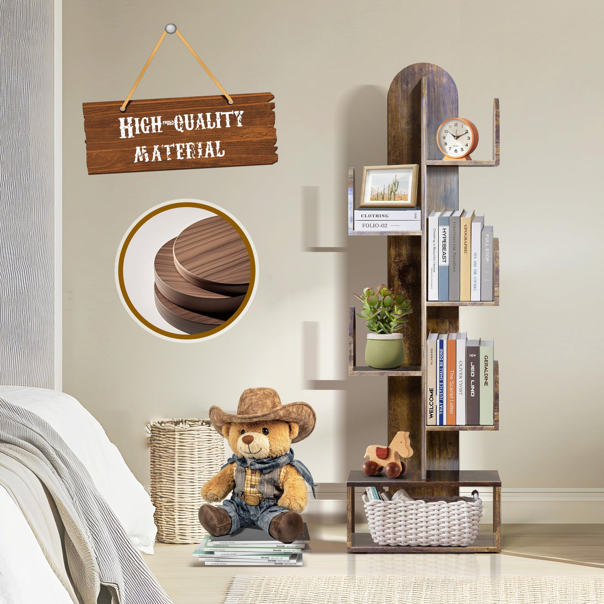 DOZILY Cactus Tree Bookshelf, 5-Tier Wood 50" Tall Corner Storage Rack for CDs/Movies/Books, Small Space-Saving Organizer Shelves for Living Room, Bedroom, Home Office (Rustic Brown) DOZILY