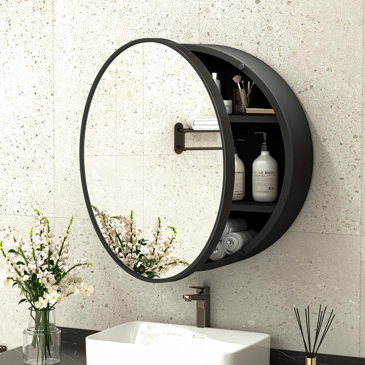 TokeShimi 20 Inch Round Black Medicine Cabinet for Bathroom with Vanity Mirror Small Metal Framed Bathroom Mirrored Cabinet for Wall Mounted Only Circle Farmhouse Medicine Cabinet Removable Shelves TokeShimi