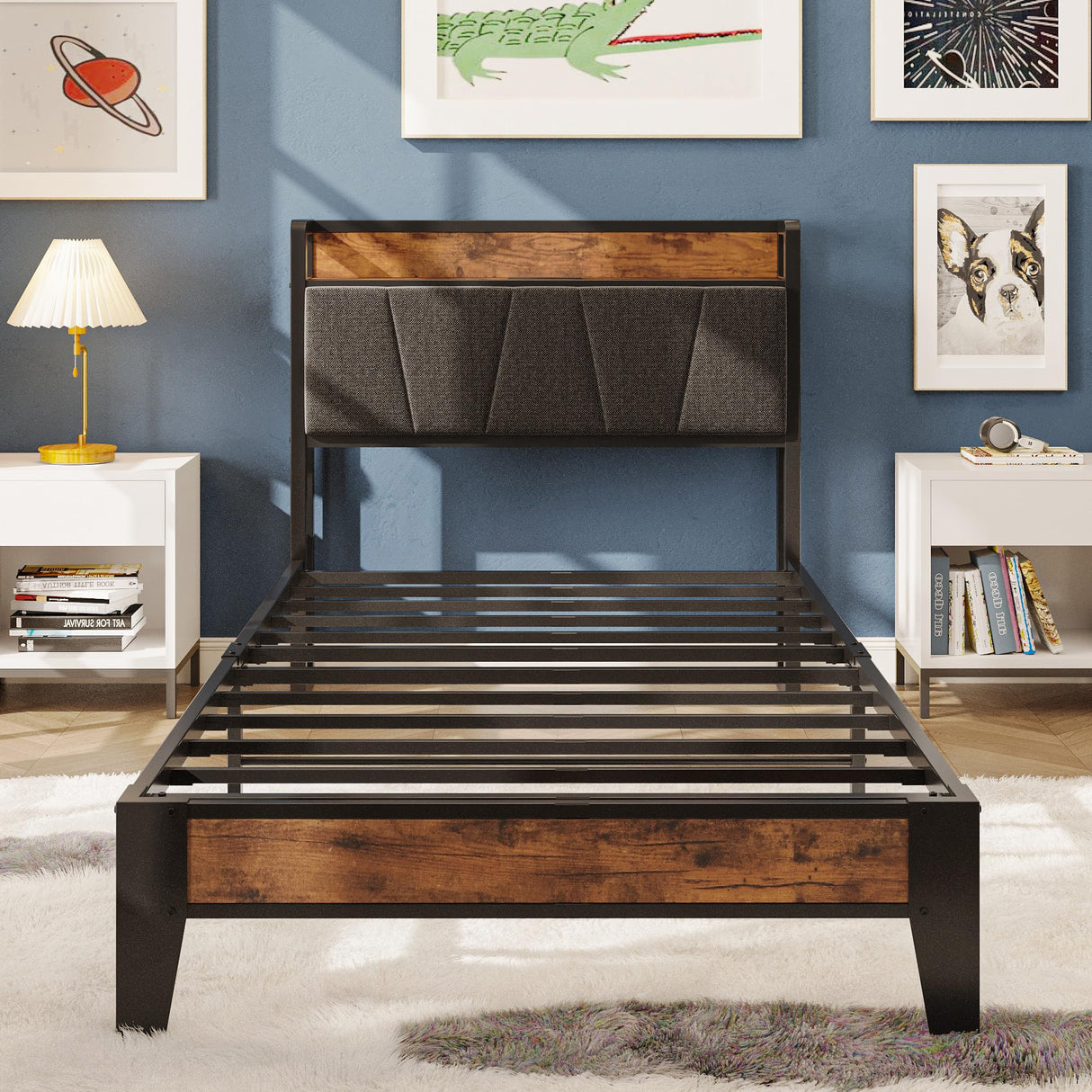 LIKIMIO Twin XL Bed Frames, Storage Headboard with Charging Station, Solid and Stable, Noise Free, No Box Spring Needed, Easy Assembly LIKIMIO