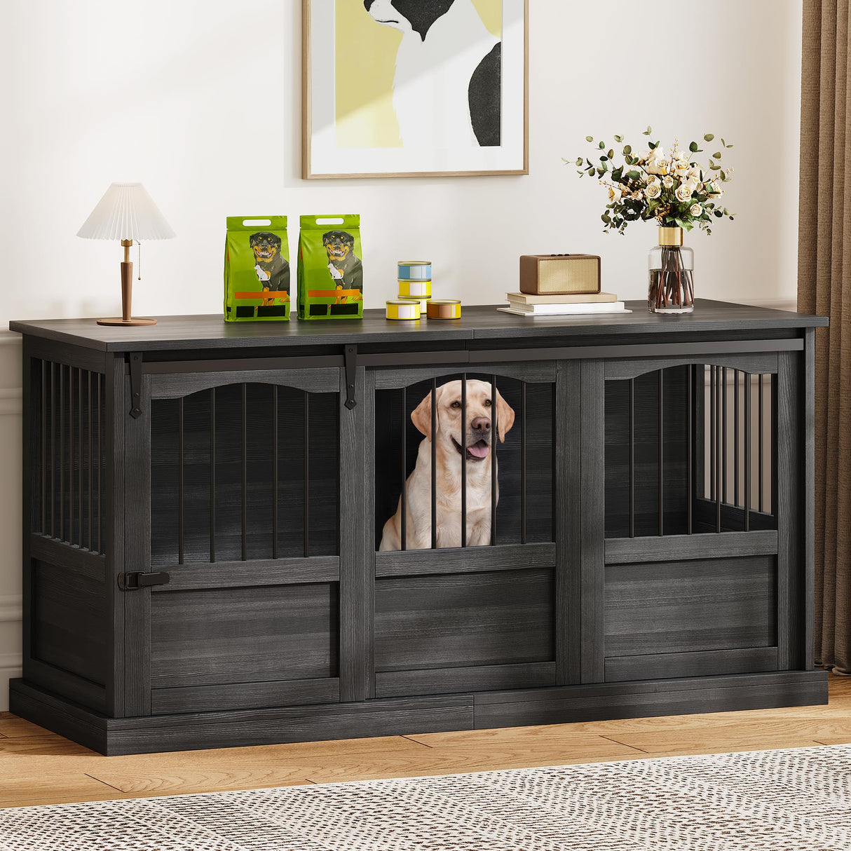 Homiflex 53.54 Inch Wooden Dog Crate Furniture Heavy Duty Dog Kennel Furniture with Sliding Doors for Large Breed Decorative Solid Wood Dog Cage End Table for Indoor, Dark Grey Homiflex