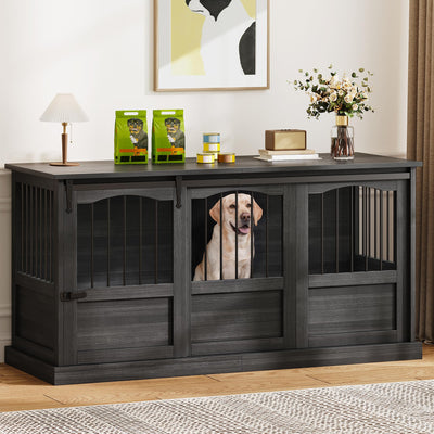 Homiflex 53.54 Inch Wooden Dog Crate Furniture Heavy Duty Dog Kennel Furniture with Sliding Doors for Large Breed Decorative Solid Wood Dog Cage End Table for Indoor, Dark Grey