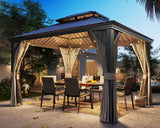 LAUSAINT HOME 10x12 ft Metal Gazebo with Nettings and Curtains for Patios, Waterproof Permanent Heavy Duty Double Hard Roofs Gazebos with Brown Aluminum Frame for Lawn, Party LAUSAINT HOME