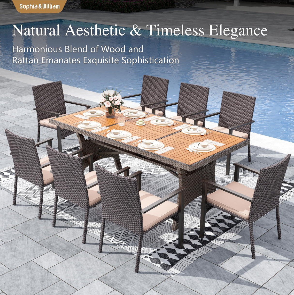 Sophia & William 9 Piece Patio Dining Set, Patio Table and Chairs Set Outdoor Dining Set for 8, Acacia Wood Patio Dining Table Set with PE Rattan Wicker Chairs for Garden, Porch, Backyard Sophia & William