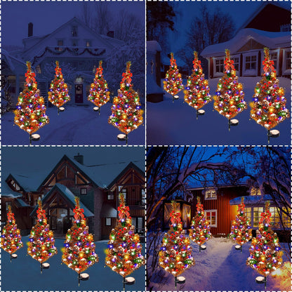 2PCS Solar Christmas Tree Lights Decorations Outdoor, Xmas Tree Solar Powered Christmas Yard Stake Waterproof With LED Lights, Red Berries, Red Bow, Suitable for Christmas Decoration Garden Patio Yard