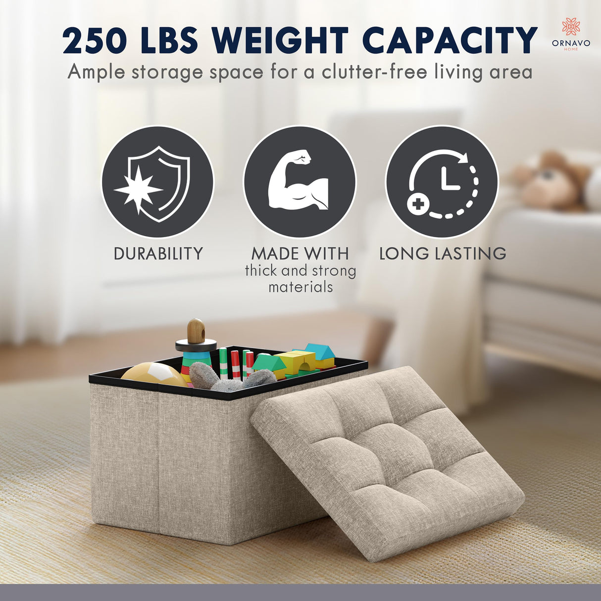 Ornavo Home Small Storage Ottoman Foldable Collapsible Rectangle Linen Ottoman Foot Rest Stool Seat, for Living Room, Bedroom, Home Office, Dorm - 12 x 16 x 12, Beige Ornavo Home