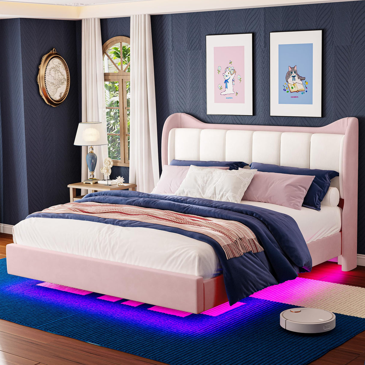 LIKIMIO Pink Floating Bed Frame King with Cat Ear Headboard and LED Lights LIKIMIO