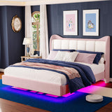 LIKIMIO Pink Floating Bed Frame King with Cat Ear Headboard and LED Lights LIKIMIO