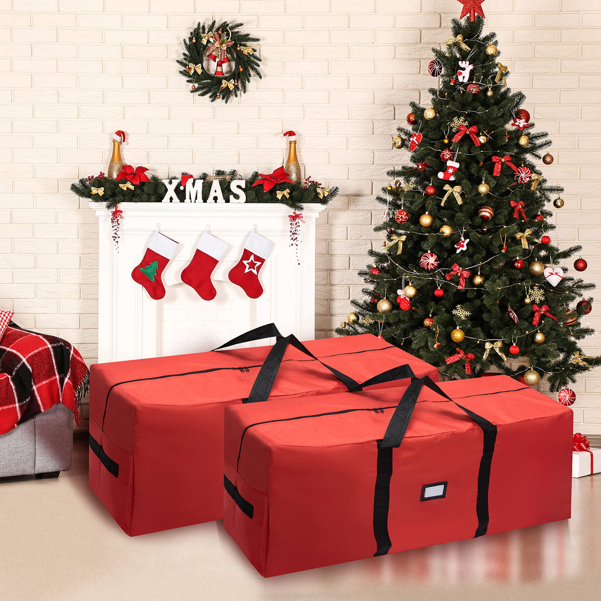 Joiedomi 2 Pack Christmas Tree Storage Bag Set, 7.5 ft Artificial Xmas Tree Large Storage Container, 600D Oxford Fabric Storage Bag with Carry Handles and Dual Zipper (Red) Joiedomi