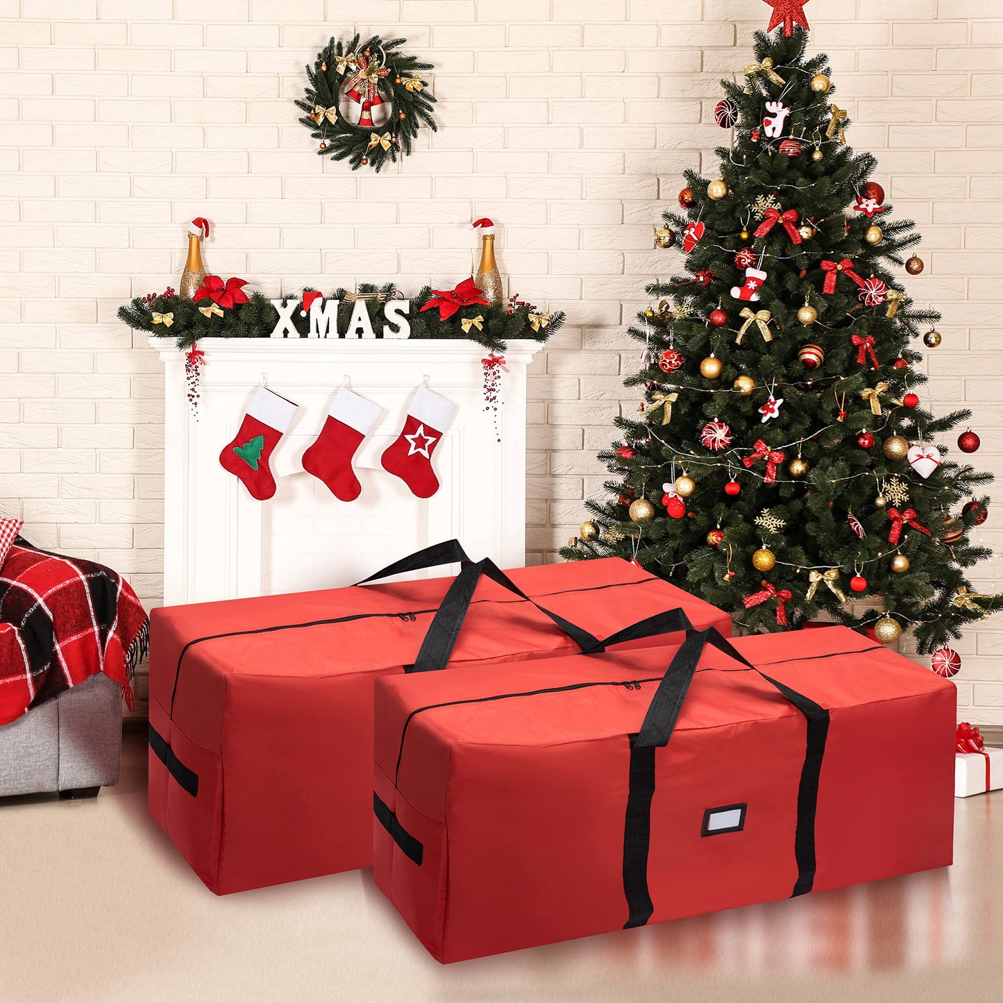 Joiedomi 2 Pack Christmas Tree Storage Bag Set, 7.5 ft Artificial Xmas Tree Large Storage Container, 600D Oxford Fabric Storage Bag with Carry Handles and Dual Zipper (Red)