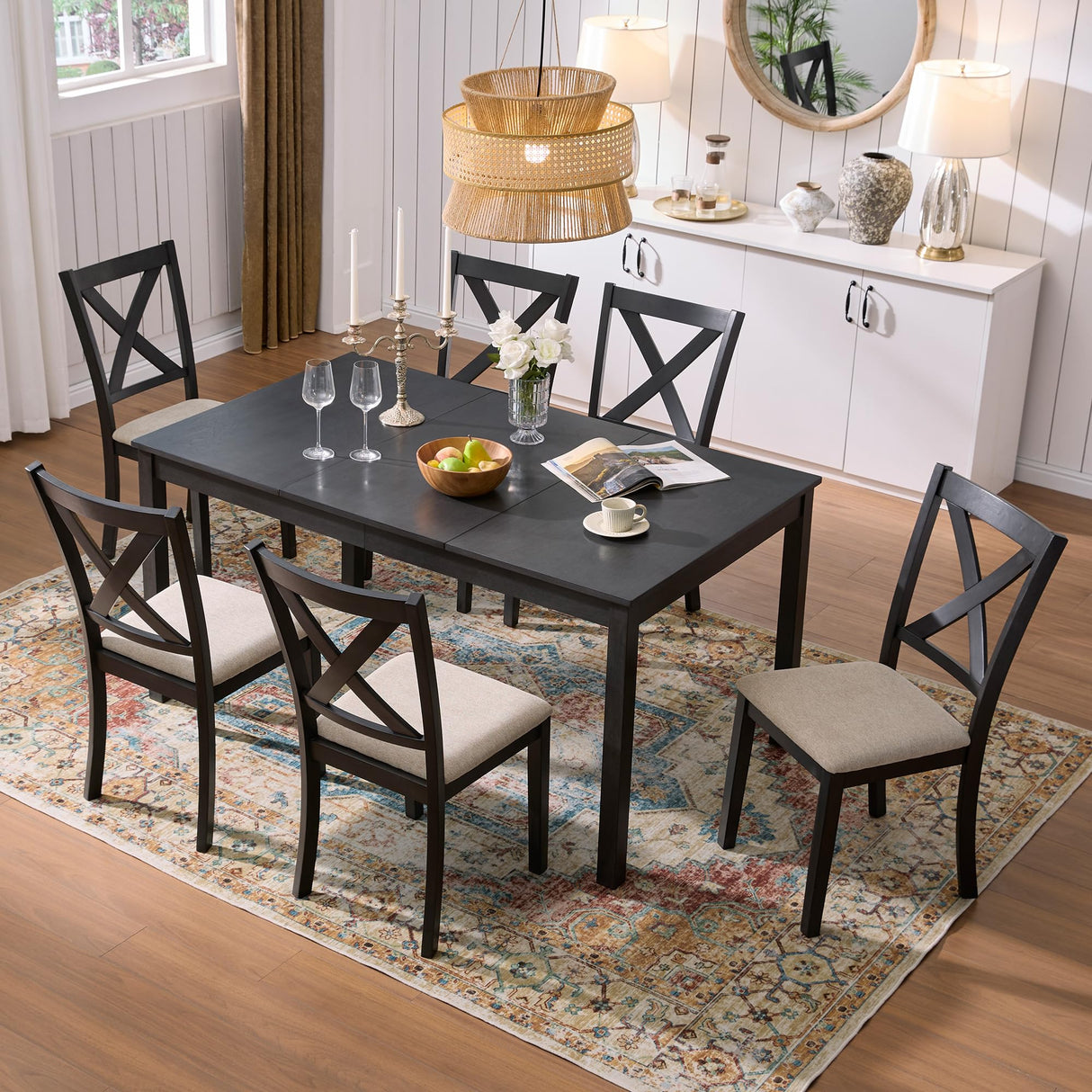AMERLIFE 7-Piece Farmhouse Dining Table Set with 6 Upholstered Chairs, 60" Space-Saving Dining Table & Chair Set for Dining Room, Kitchen, Small Apartment, Restaurant, Grey & White AMERLIFE