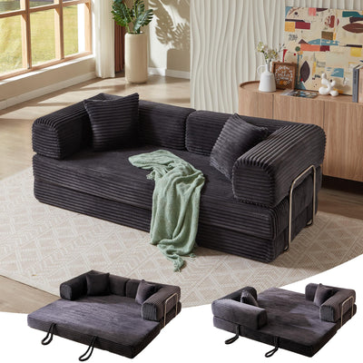 81 Inch Convertible Folding Sofa Bed,Fold Out Floor Sofa Couch with Fixed-Shape Frame,Corduroy Foldable Mattress Cloud Couch for Living Room Bedroom (Dark Grey)