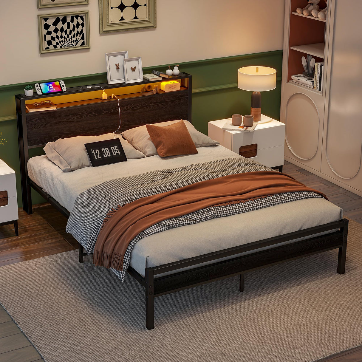 BOFENG Queen Metal Bed Frame with Storage Headboard, LED Lights & Charging Station BOFENG