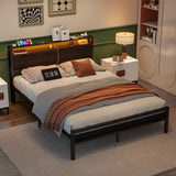 BOFENG Queen Metal Bed Frame with Storage Headboard, LED Lights & Charging Station BOFENG