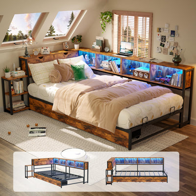 eMAIDE Corner Bed Frame with Storage Bookcase & Bedside Rack, Twin Size Metal Platform Bed Frame w/Drawers, Twin Daybed with Led Lights & Charging Station for Living Room, Bedroom & Guest Room, Brown